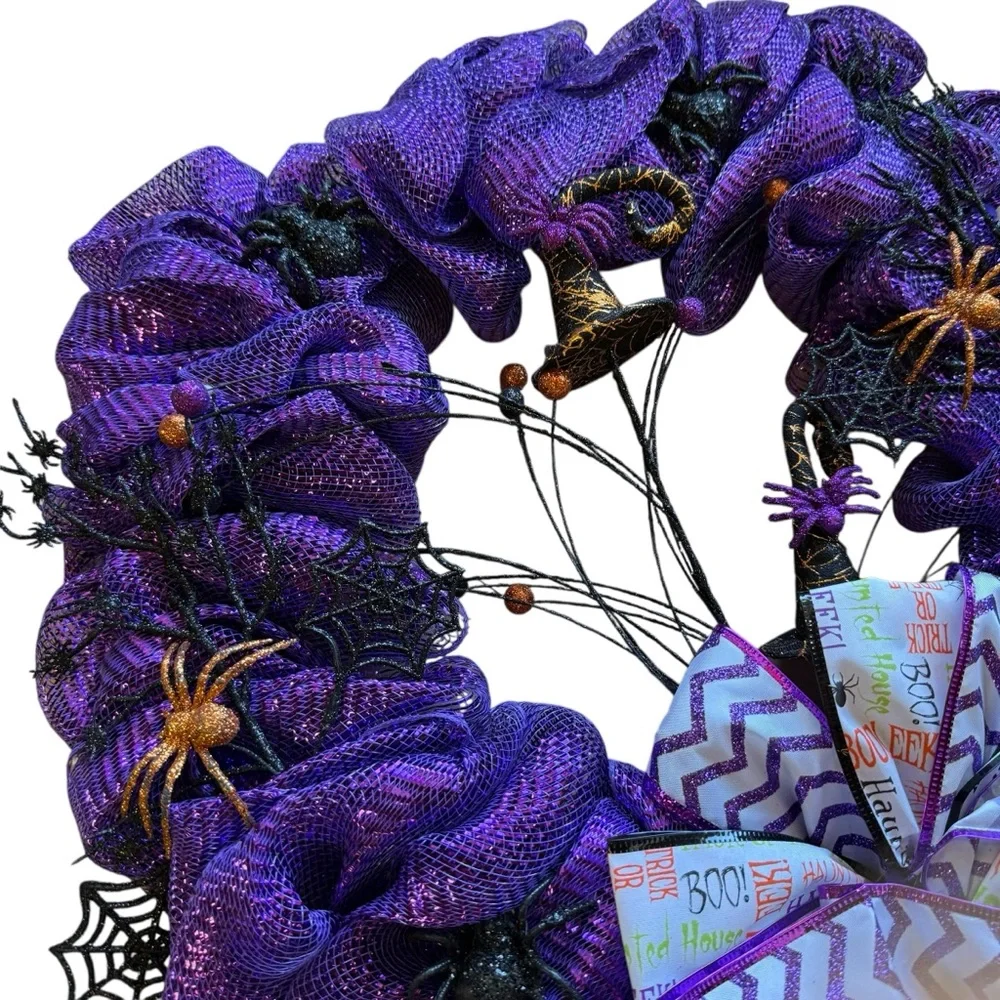 Handmade Purple Halloween Deco Mesh Wreath with Ribbon Bow, Spiders & Webs 20